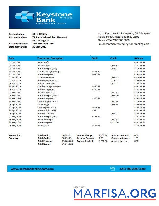 Downloadable Nigeria Keystone bank statement word example